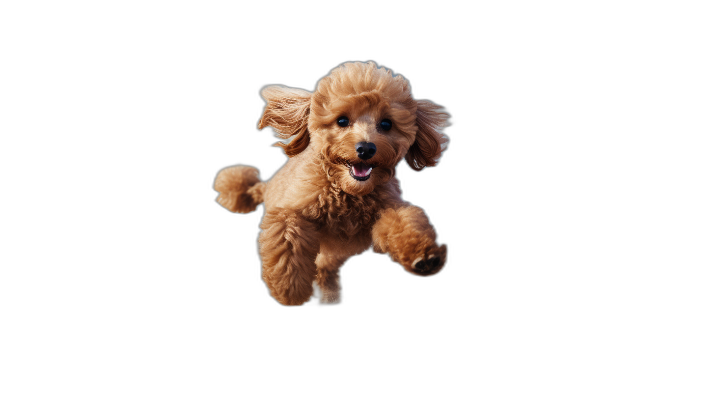 A brown poodle puppy flying in the air, with a happy expression, against a black background, in the style of professional photography, with sharp focus, high resolution, and high quality.