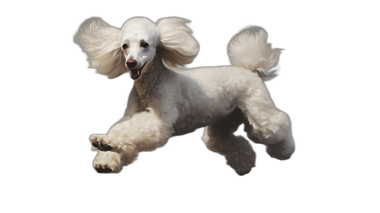 White poodle jumping, black background, hyper realistic photo