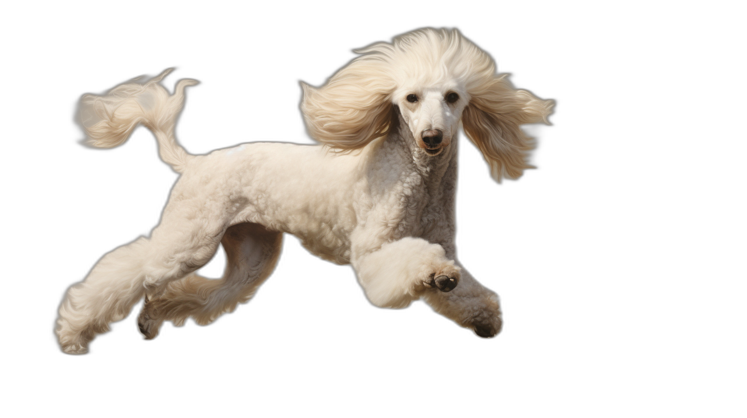 white poodle in mid air, jumping with black background, full body, hyper realistic photo