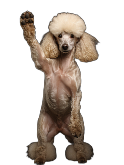 A full body shot of a happy poodle standing on its hind legs and waving with one paw, white fur, detailed skin, black background, studio photography, award winning portrait photography in the style of studio photography.