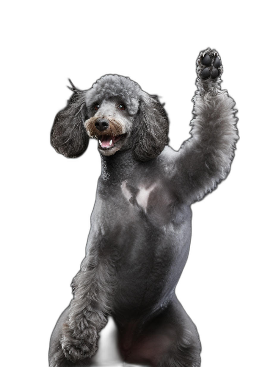 A gray poodle doing high five pose, black background, Award winning photography by motion blur effect, full body shot