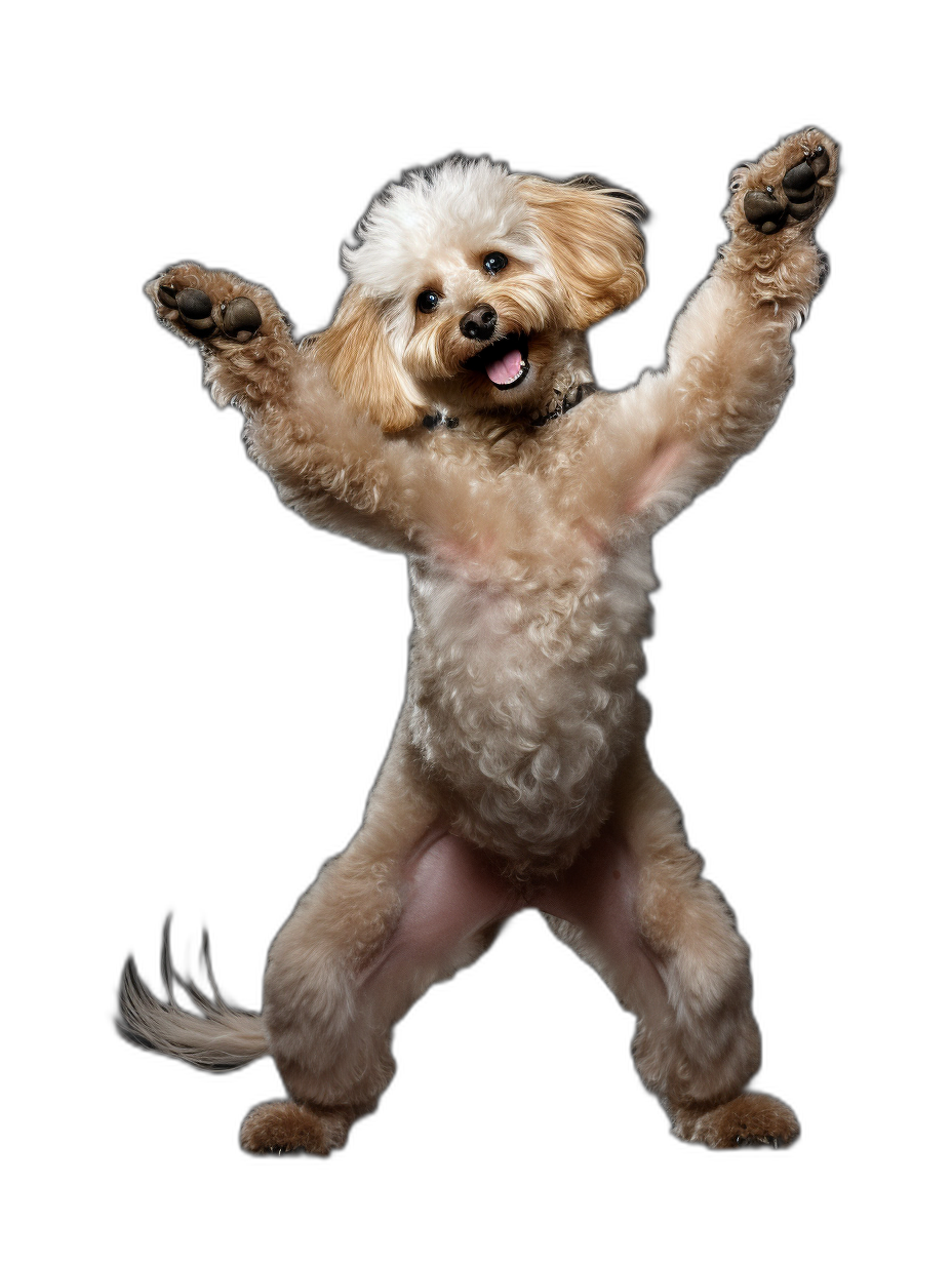 A full body shot of a happy Poodle Dog doing yoga, isolated on a black background with its paws in the air, in the style of hyper realistic photography.