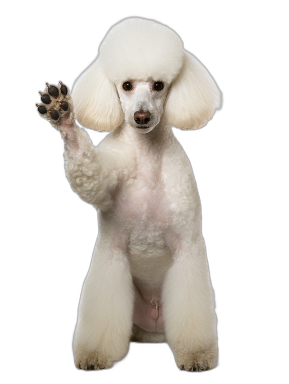 White poodle dog standing on its hind legs and holding up its paw, full body portrait, high resolution photo on a black background.