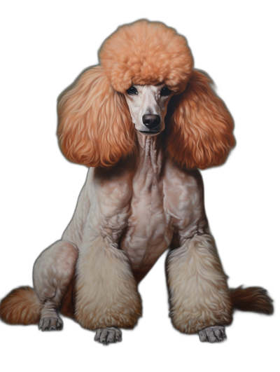 hyper realistic oil painting of an orange poodle, full body , black background, light source, detailed, red and white fur color, pouty lips, pink nose, big hair style