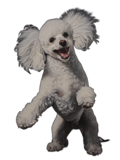 A white poodle barking, jumping up and down with its front feet in the air, full body shot, black background, hyperrealistic oil painting, realism, portrait of dog, cute, happy expression, high detail,