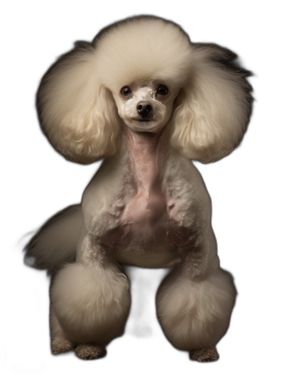 full body portrait of white poodle with big hair, black background, Award winning photography, professional color grading, soft shadows, no contrast, clean sharp focus digital photography