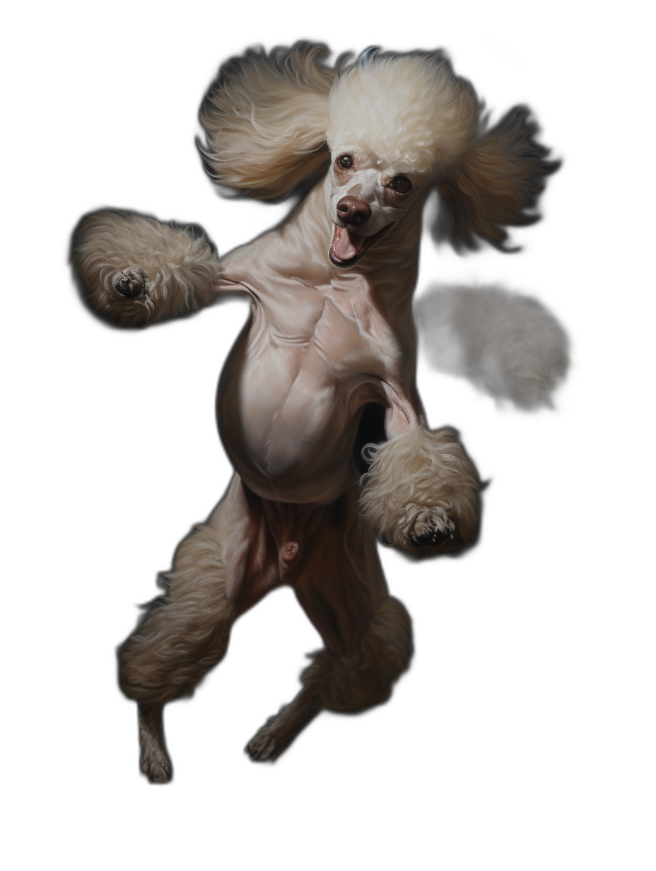 White poodle, white fur, full body shot, jumping in the air, high speed photography, hyperrealistic oil painting, black background, dark green and light pink, strong facial expression, full of vitality, super realistic oil painting style, exaggerated perspective, high definition.