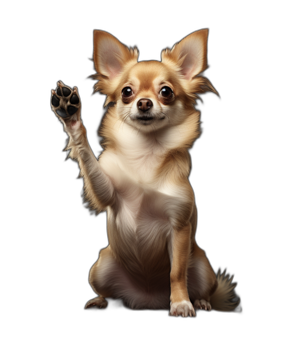 high resolution of an adorable chihuahua sitting up, holding his paw in the air for high five, isolated on black background, hyper realistic photograph