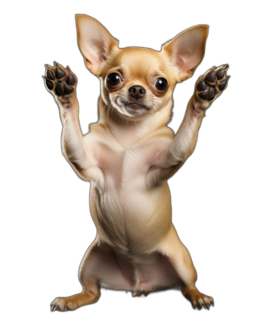 a full body photograph of an adorable chihuahua standing on its hind legs doing the yoga pose with his front paws in the air, isolated against black background, photorealistic, cute and happy expression,