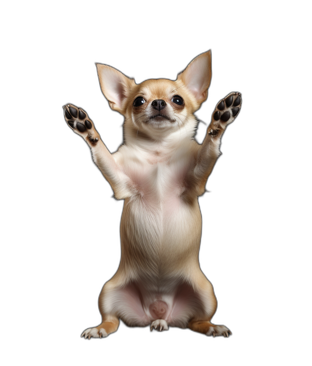 chihuahua standing on hind legs doing high five, isolated black background, hyper realistic photography