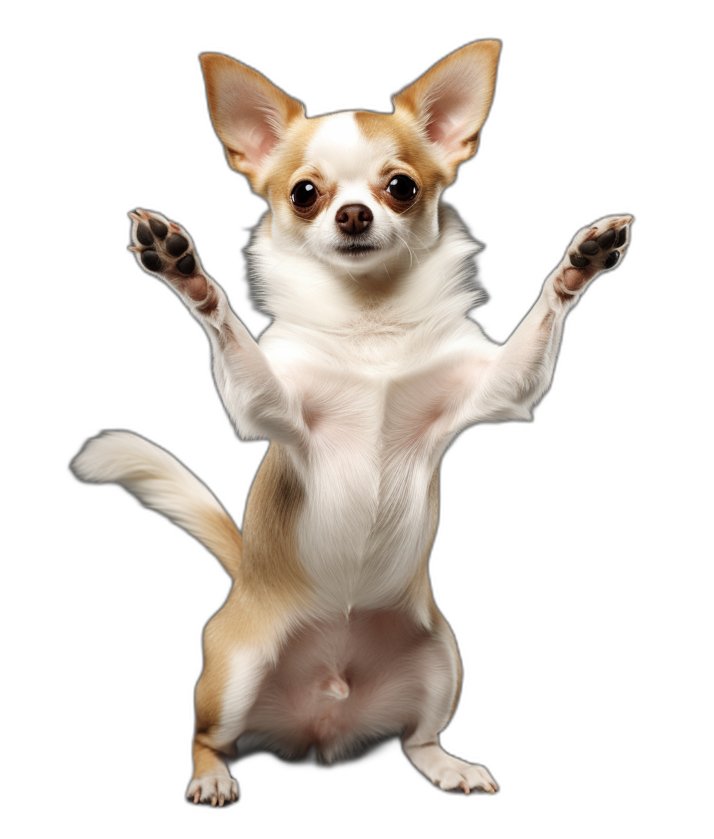 A white and light brown chihuahua standing on its back legs with paws outstretched against a black background, in the style of a full body portrait photography in high definition.