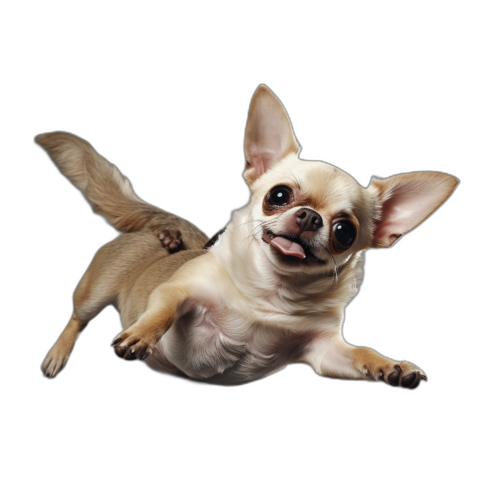 A happy Chihuahua dog flying in the air, isolated on black background, photorealistic, hyperrealism, photo taken by Canon EOS, soft light, ultra high resolution photography