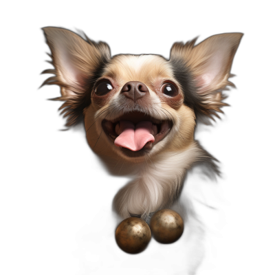 A hyper realistic digital illustration of an excited happy Chihuahua with shiny golden bell collars, black background, front view, looking up at the viewer, full body portrait,