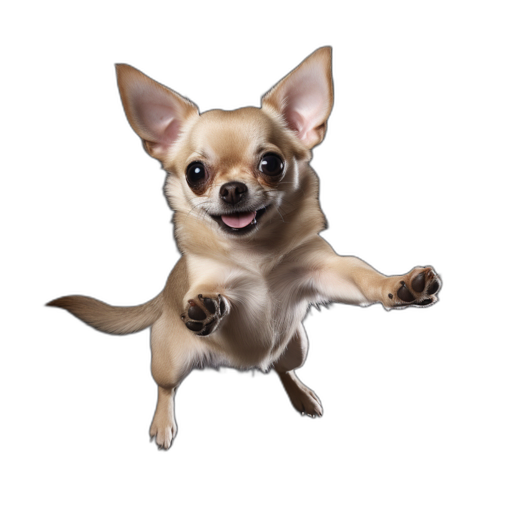 The chihuahua is jumping with its back in the air, having a happy face, viewed from above, against an isolated black background, in the ultra realistic photographic style.