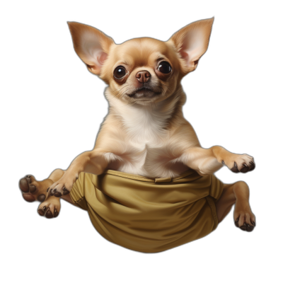 realistic chihuahua sitting on top of a yellow pants pocket, black background, in the style of digital art.