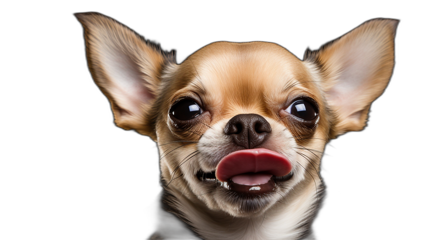 Close-up photo of a cute, happy chihuahua with its tongue sticking out, photographed in a studio against a black background.