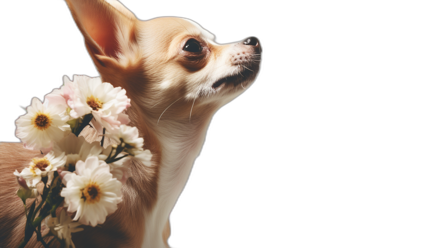 chihuahua holding white flowers, side view, solid black background, high resolution photography