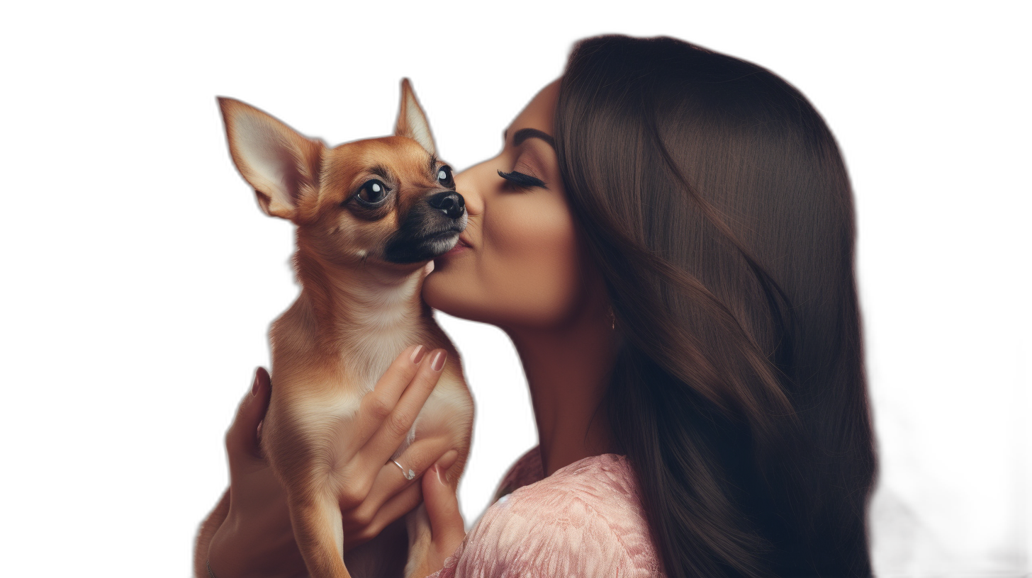 beautiful woman kissing her chihuahua, black background, photorealistic in the style of, pink and brown tones, studio photography, professional color grading, soft shadows, no contrast, clean sharp focus digital photography