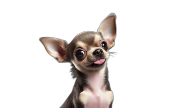 high-definition photo of a cute chihuahua puppy, with its tongue sticking out and looking up at the camera, against a black background, in a full-body shot, in the style of digital art.