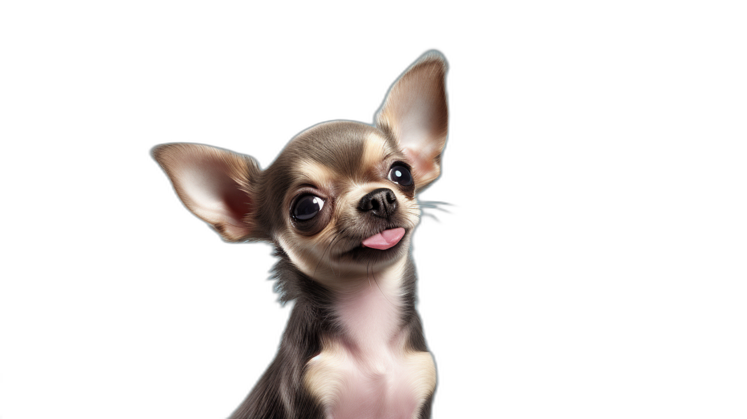 high-definition photo of a cute chihuahua puppy, with its tongue sticking out and looking up at the camera, against a black background, in a full-body shot, in the style of digital art.