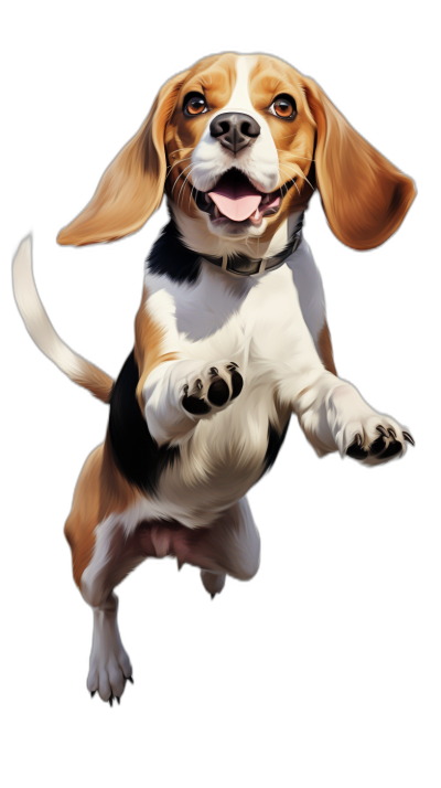 happy beagle dog jumping, caricature style cartoon art in the style of hyper realistic details on black background