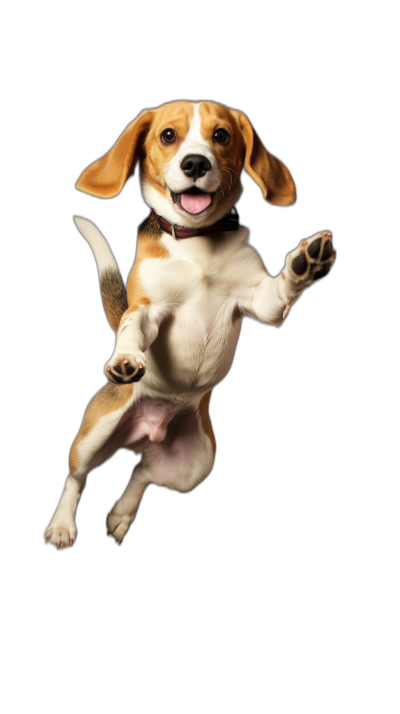 Beagle dog jumping in the air, smiling with its tongue out, isolated on a black background, in the style of high definition photography.