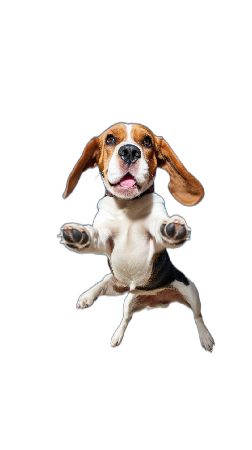 A beagle jumping in the air with a happy face, isolated on a black background, in the style of high definition photography.