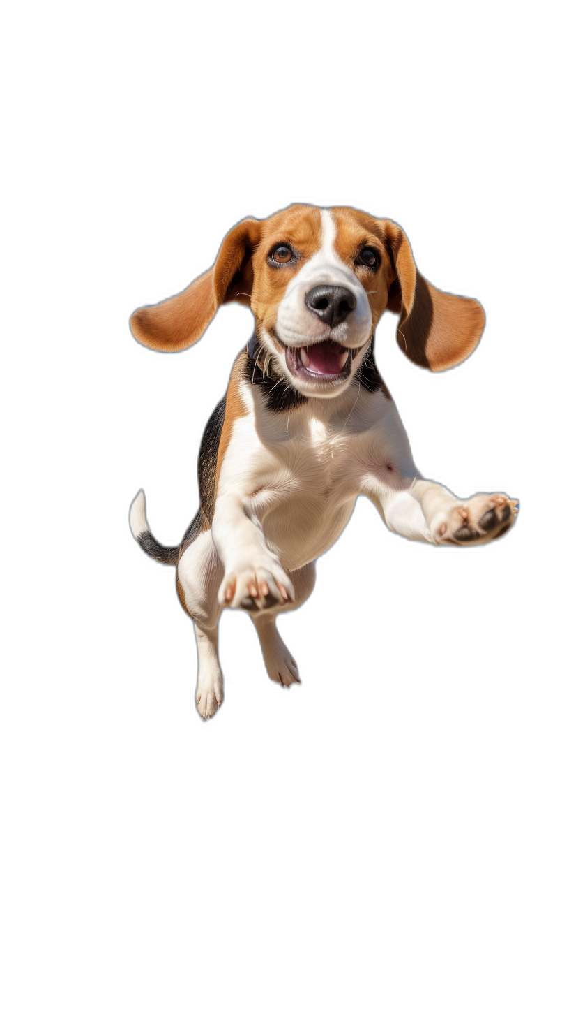 A happy Beagle dog jumping up, flying in the air, pure black background, cute expression, simple composition, portrait photography, high definition details, high resolution