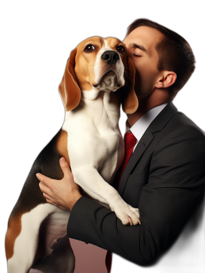 A handsome young man in suit kissing his beagle dog, black background, high resolution photography