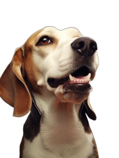 photorealistic portrait of happy beagle dog on black background, headshot, looking up at the sky with mouth open showing teeth, studio lighting, shot from below, warm tones, high resolution photography, hyper realistic