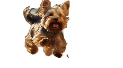 happy Yorkshire Terrier jumping on a black background in a high resolution photograph with professional color grading and soft shadows and clean sharp focus in the style of digital photography.