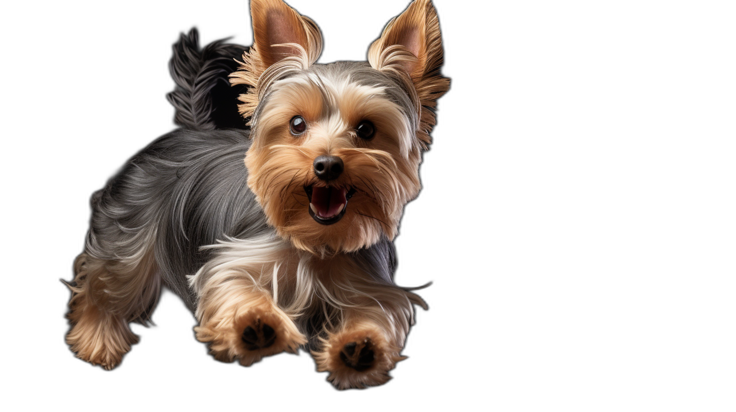 happy Yorkshire Terrier jumping on black background, detailed illustration, high resolution photography, realistic photo style