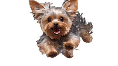 cute happy Yorkshire Terrier jumping on black background, photo realistic, detailed, high definition photography style, high resolution