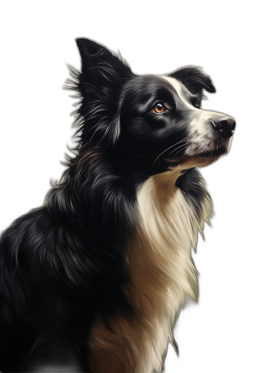 portrait of an adult border collie, looking to the side, black background, digital painting, hyper realistic illustration, soft shadows, no contrast, clean sharp focus