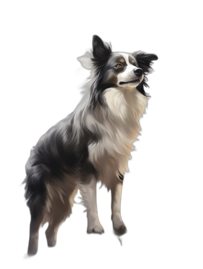 A realistic digital illustration of an adorable border collie standing on a black background, full body view, wide angle lens, concept art in the style of Pixar studio, romanticism painting style, digital airbrushing, matte drawing.