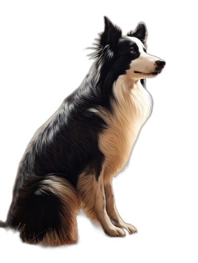 realistic digital illustration of sitting border collie, black background, rim lighting, soft shadows, high contrast