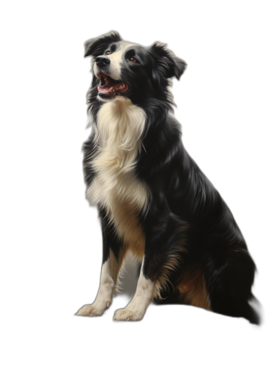 Three-dimensional digital painting of an adult border collie sitting on a black background with a happy expression in a full body portrait shot in the style of professional photography with soft lighting and high definition details. The image has a large aperture, clean and sharp focus, and high resolution color grading.