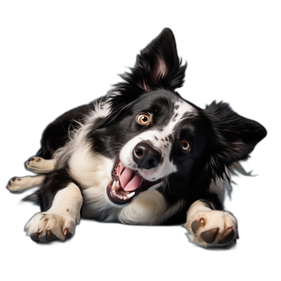 A happy smiling border collie dog lying down on its side, with his paws in the air and tongue out, black background, hyper realistic photography