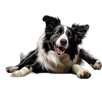 happy border collie dog lying down, front view, black background, photorealistic