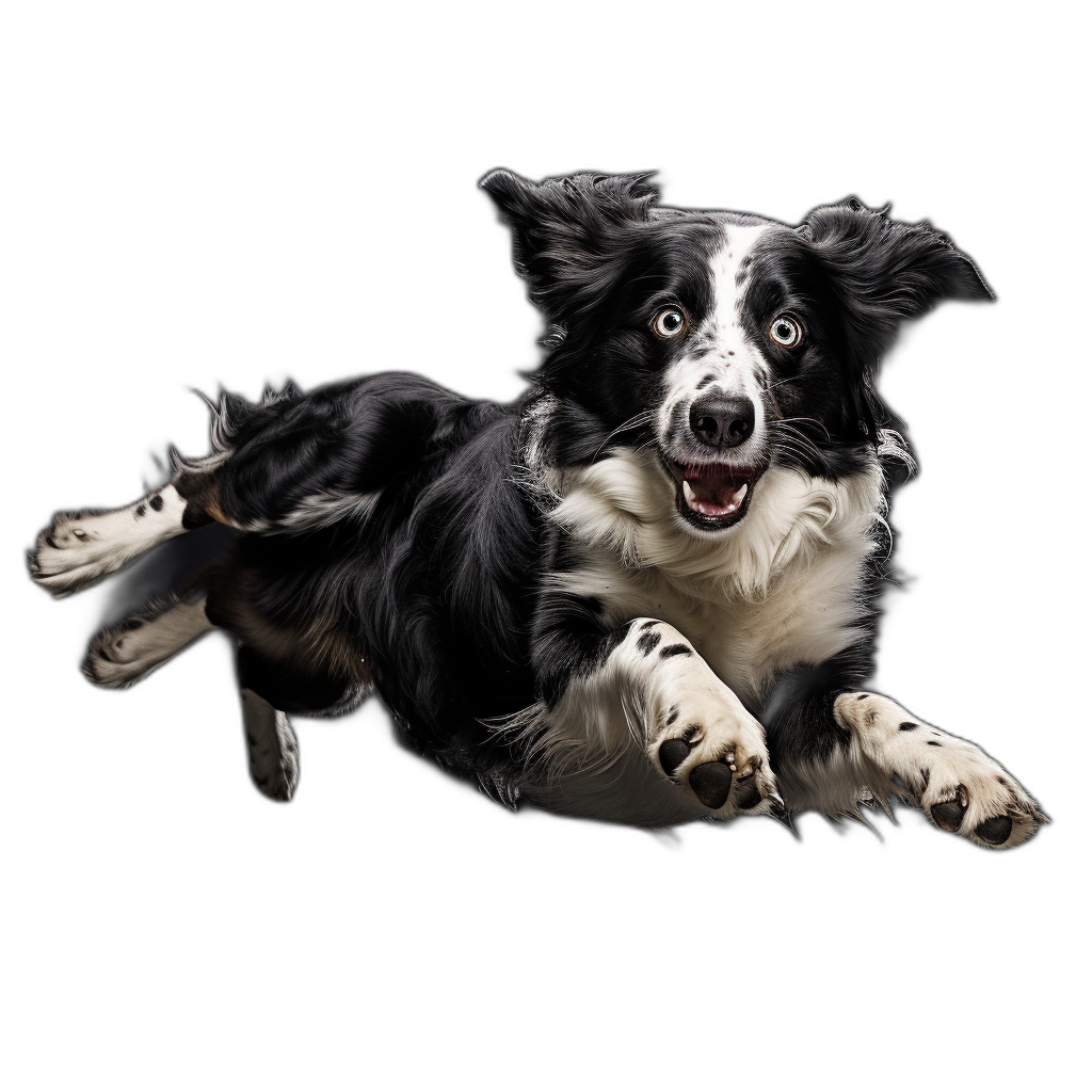 photo of happy border collie dog lying on black background, full body shot, jumping up with one leg in the air, looking at camera, high detail