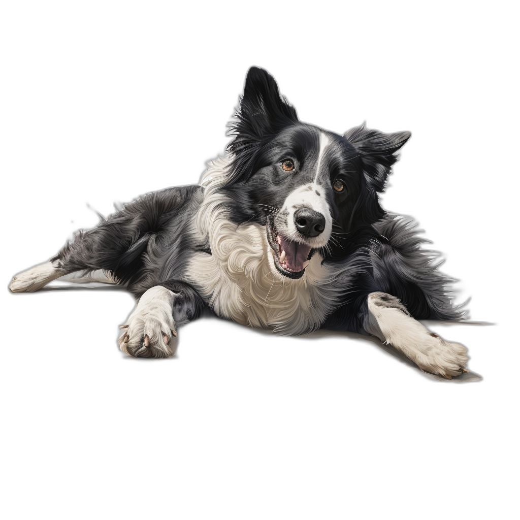 A realistic happy mainly black border collie dog lying down, whole body, clipart on pure solid deep Black background, hyperrealistic oil painting in the style of Jeremy F.syncer and [Thomas Kinkade](https://goo.gl/search?artist%20Thomas%20Kinkade),