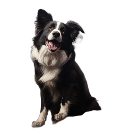 Illustration of a happy smiling border collie dog in a full body portrait against a black background in the style of hyper realistic game art