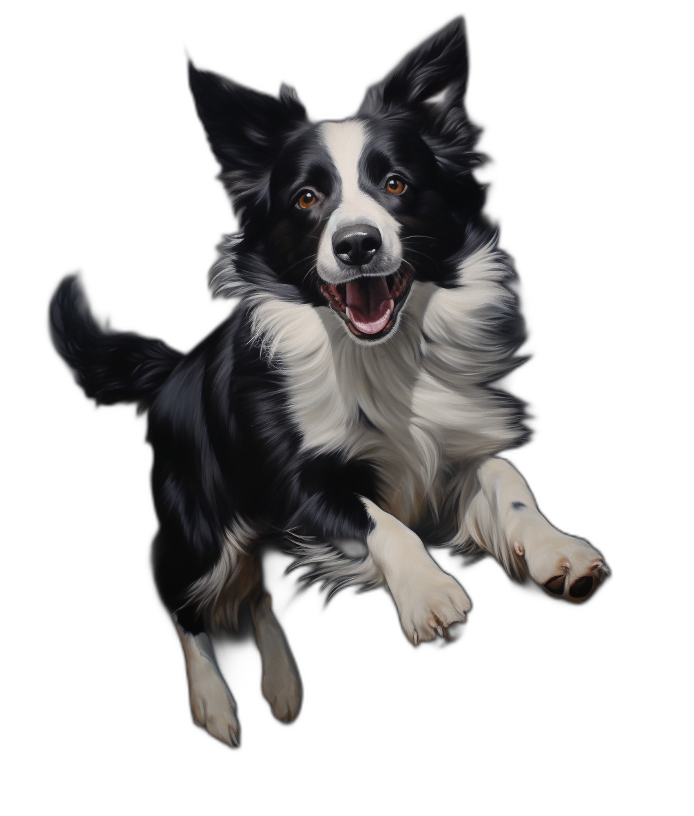 A realistic happy mainly black border collie dog jumping, whole body visible , oil painting illustration style, black background