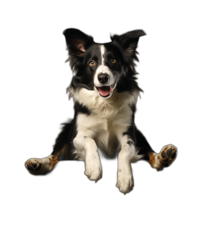 A realistic photo of a happy border collie dog lying on the floor with its front paws hanging over the edge, isolated against a black background with studio lighting. The photo is in the style of realistic animal photography.