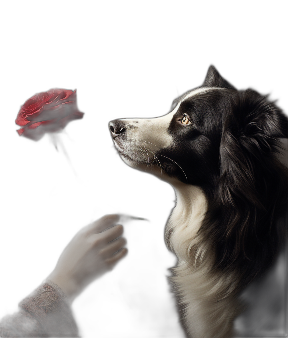 A realistic black and white border collie dog is looking at the red rose in front of his owner’s hand, on a dark background, using photorealistic techniques. The mood is romantic with a closeup, hyperdetailed view showing the dog’s romantic emotion. This digital illustration is done in a fantasy style with cinematic light. It is high resolution art with high details and sharp focus. The piece was trending on Artstation and Behance in the style of Art Station HD artwork.