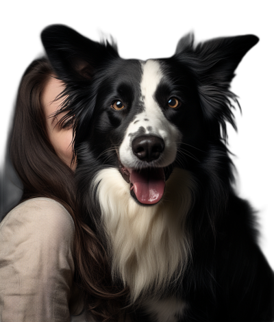 portrait of a happy black and white border collie dog with her owner, studio photography with a dark background, photorealistic in the style of hyperrealism with soft light and global illumination, low contrast Pro Photo RGB, 20 megapixel high resolution with sharp focus and cinematic natural features