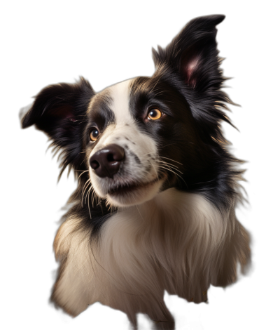 portrait of a cute border collie, isolated against a black background, photorealistic in the style of octane render, with hyper detailed cinematic look and volumetric light