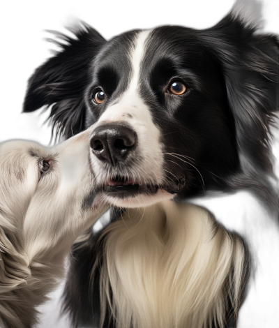 A realistic black and white border collie dog with long hair is kissing the head of an adorable cream colored labrador puppy against a black background in a close up portrait rendered in the style of photorealistic hyperrealism with studio lighting and octane render.