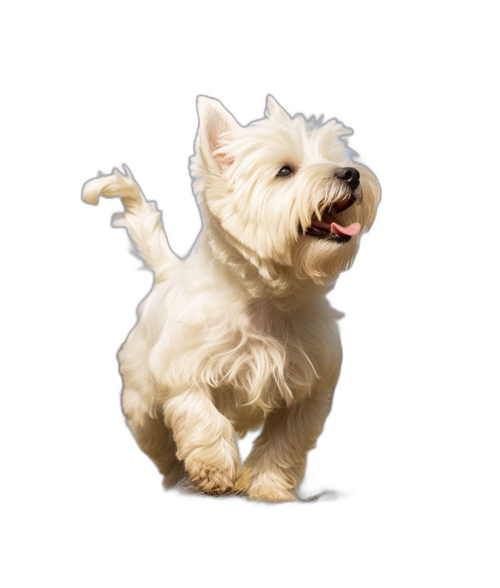 A white west highland terrier is running towards the camera, isolated on a black background, in a full body shot, in the style of photorealistic art, with a happy and playful mood, in a hyper realistic style, with soft lighting, in the style of studio photography, with professional color grading, soft shadows, no contrast, and clean sharp focus.