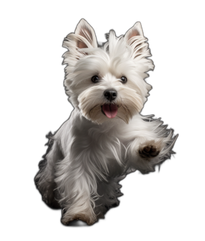 A hyperrealistic photo of an adorable white West Highland White Terrier dog jumping, isolated on black background, high definition details